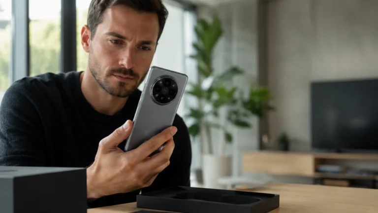 Utilisateur examinant un Oppo Find X6 Pro importé avec son imposant module photo