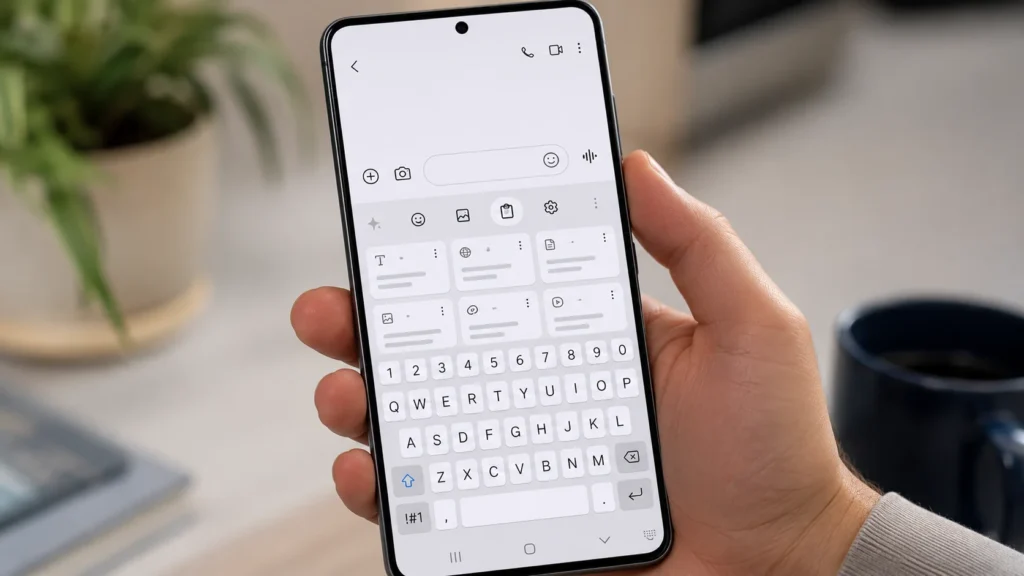 Presse-papier Samsung ouvert sur le clavier d'un smartphone Galaxy moderne