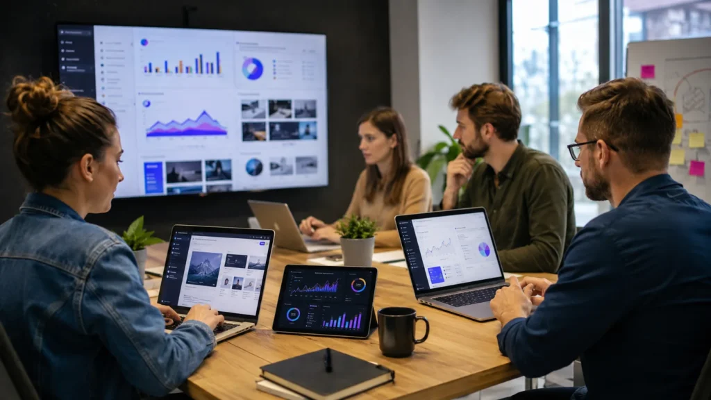 Équipe marketing analysant des outils IA et des tableaux de bord de campagnes digitales
