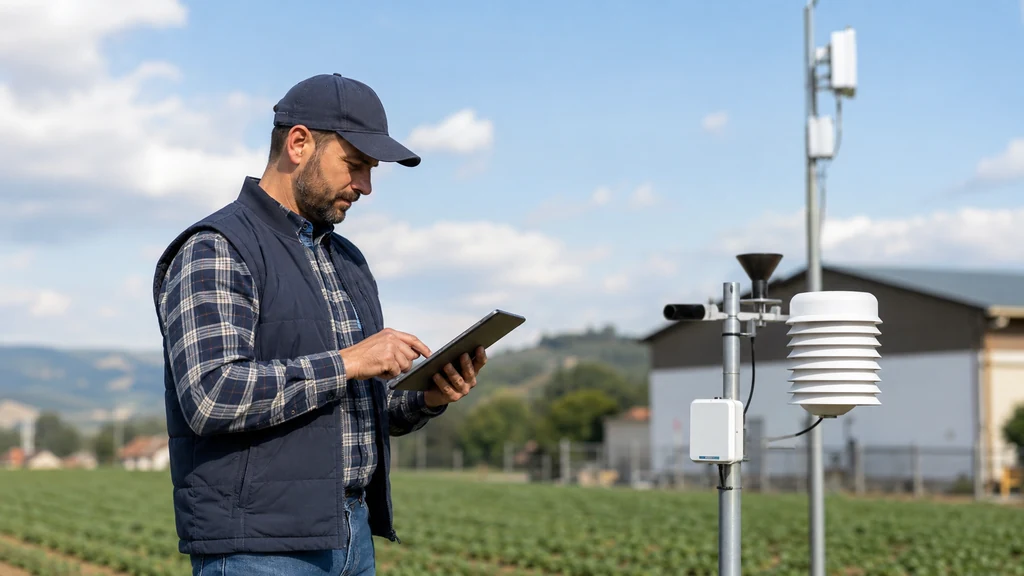 Technicien surveillant des capteurs connectés à un réseau LoRa dans une exploitation agricole
