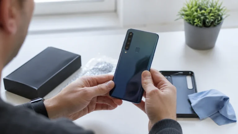 Acheteur inspectant un Samsung Galaxy A9 Phone d’occasion avec son quadruple capteur photo