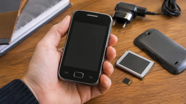 Main tenant un Samsung Galaxy S5670 avec batterie, coque arrière et carte mémoire posées sur une table en bois