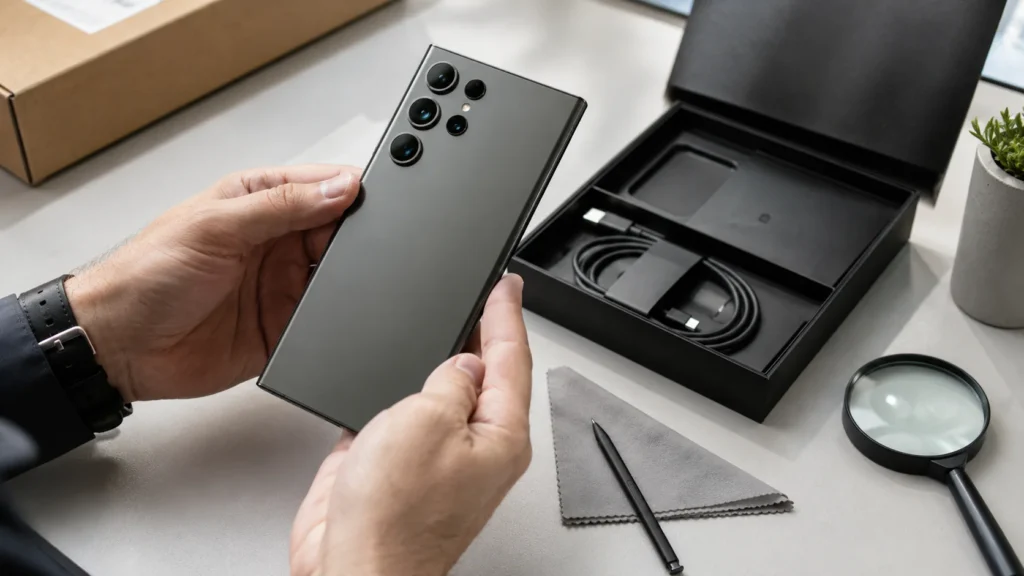 Samsung S23 Ultra reconditionné inspecté avec ses accessoires avant achat