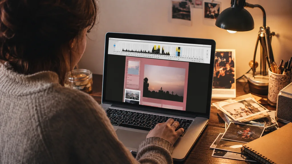 Personne consultant une archive Skyblog sur ordinateur dans un bureau chaleureux avec anciennes photos