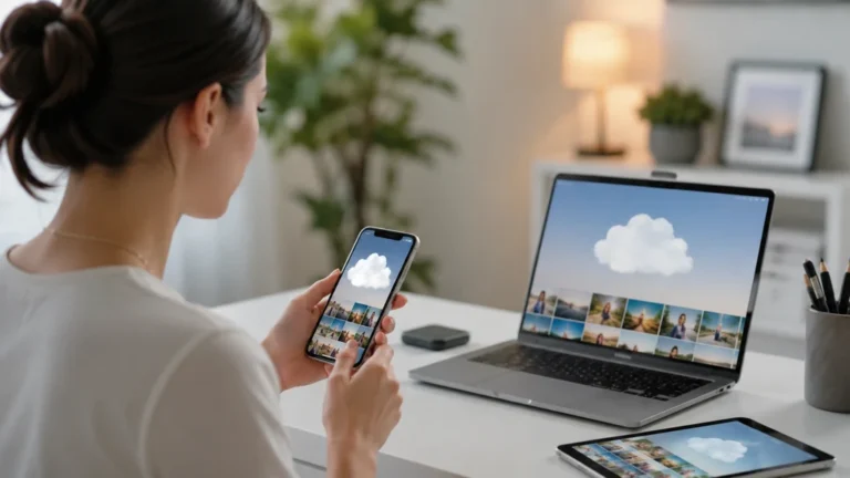 Utilisatrice synchronisant ses photos et fichiers dans iCloud depuis plusieurs appareils