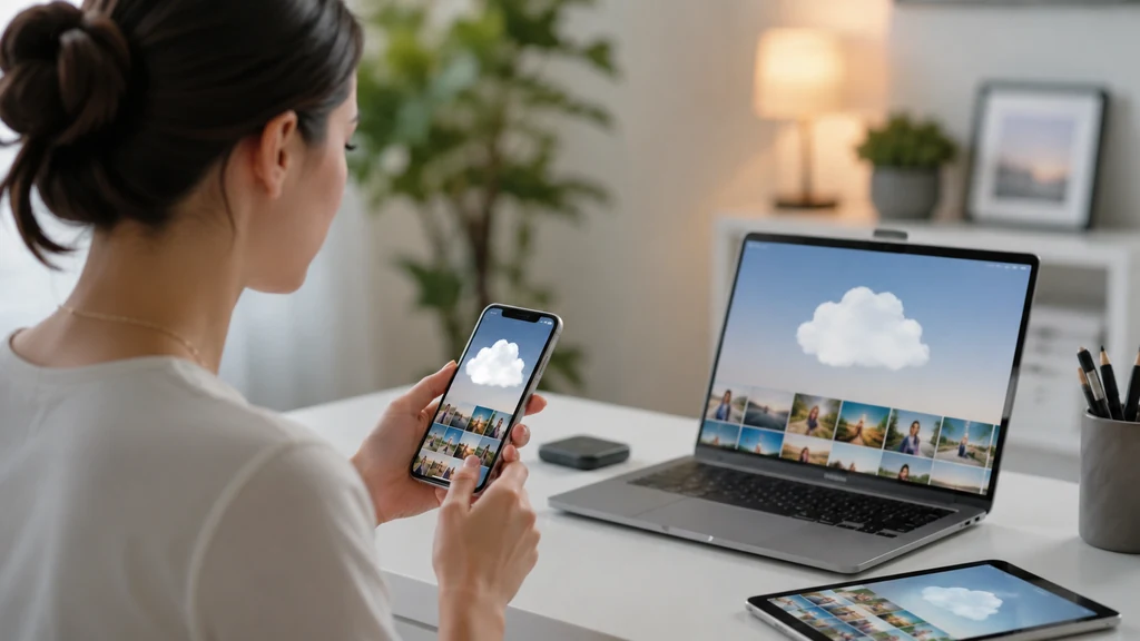 Utilisatrice synchronisant ses photos et fichiers dans iCloud depuis plusieurs appareils