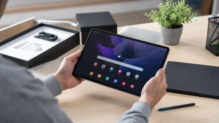 Tablette Samsung reconditionnée inspectée avec accessoires sur un bureau moderne