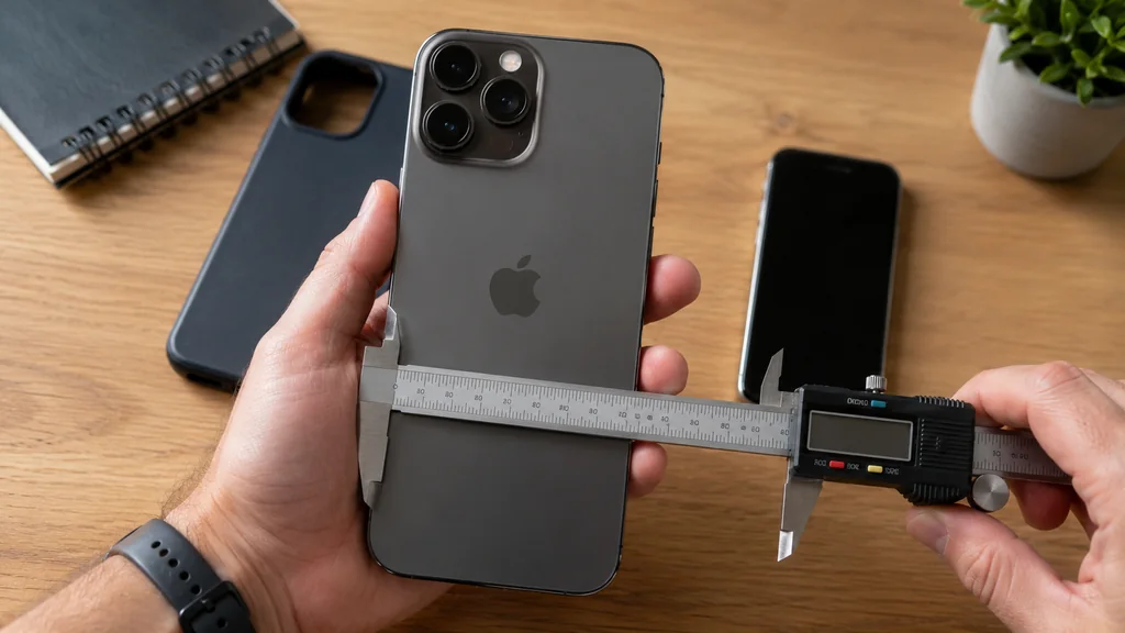 Personne mesurant les dimensions d’un iPhone 13 Pro Max avec un pied à coulisse sur un bureau