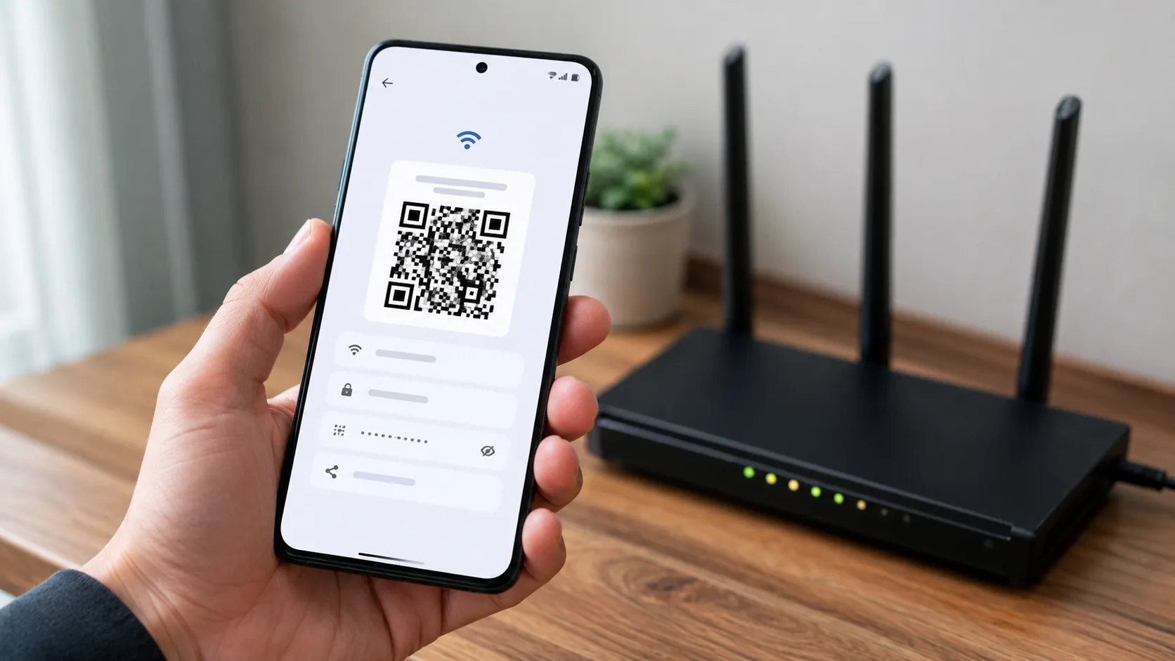 Smartphone Android affichant un QR code Wi-Fi près d'un routeur Internet