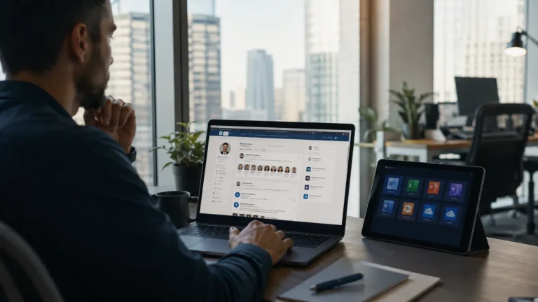 Professionnel consultant LinkedIn sur un ordinateur dans un bureau, avec des outils Microsoft visibles à côté.
