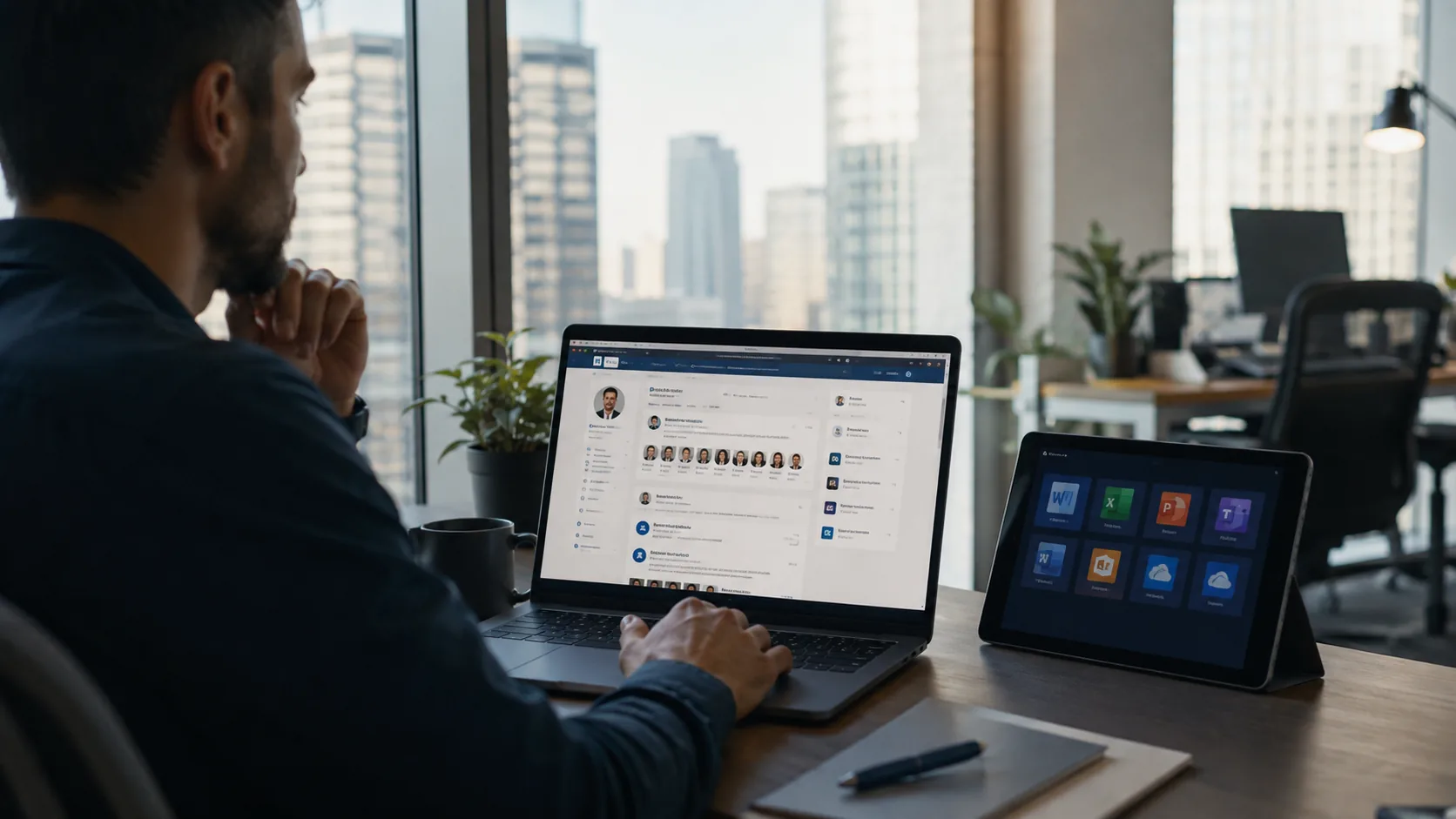 Professionnel consultant LinkedIn sur un ordinateur dans un bureau, avec des outils Microsoft visibles à côté.