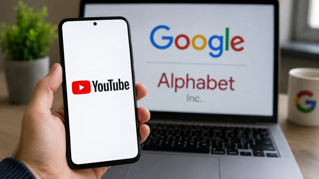 Logo YouTube sur un smartphone devant un ordinateur affichant Google et Alphabet