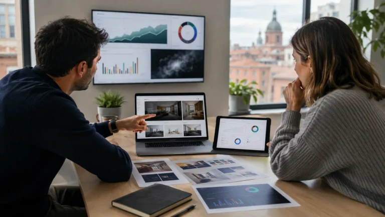 Réunion entre un consultant digital et une cliente autour d’un projet de site web, avec tableaux de bord SEO et supports de stratégie numérique