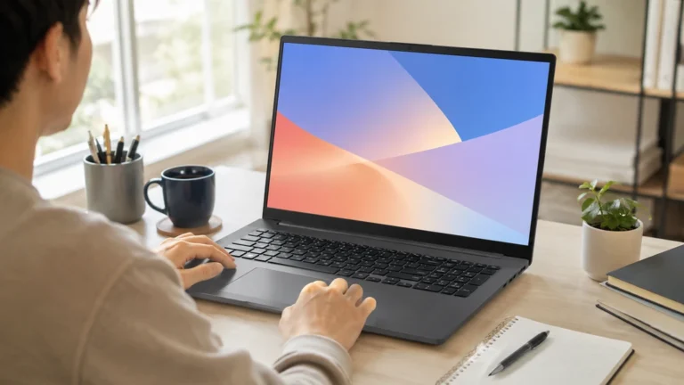 Utilisateur travaillant sur un Asus Vivobook X1702VA-AU907W 17 pouces dans un espace de travail lumineux