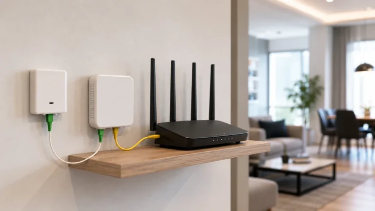 Boîtier fibre optique avec prise PTO, ONT et routeur Wi-Fi installés dans un logement
