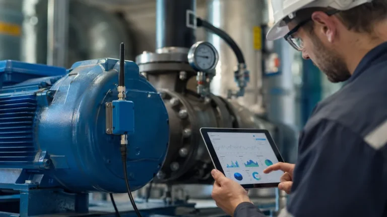 Technicien contrôlant les données d’un capteur IoT installé sur une machine industrielle.