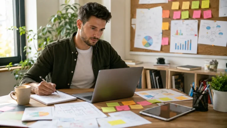 Entrepreneur structurant son projet de création d’entreprise avec un ordinateur, des graphiques et des notes.