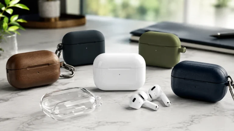 AirPods Pro 2 entourés de plusieurs coques de protection en silicone, cuir et plastique transparent