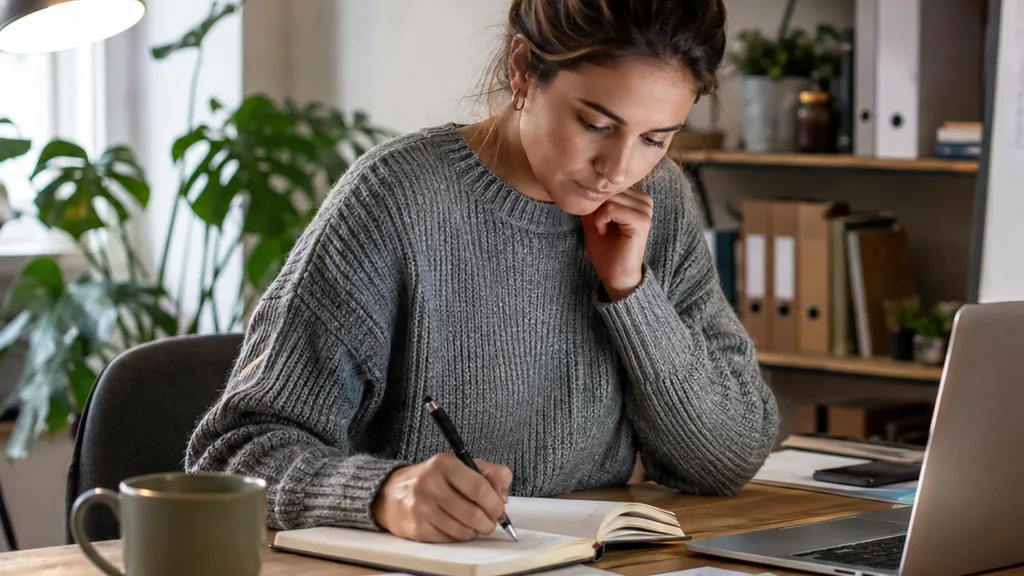 Entrepreneuse préparant son projet de création d’entreprise avec un ordinateur et un carnet dans un bureau moderne.