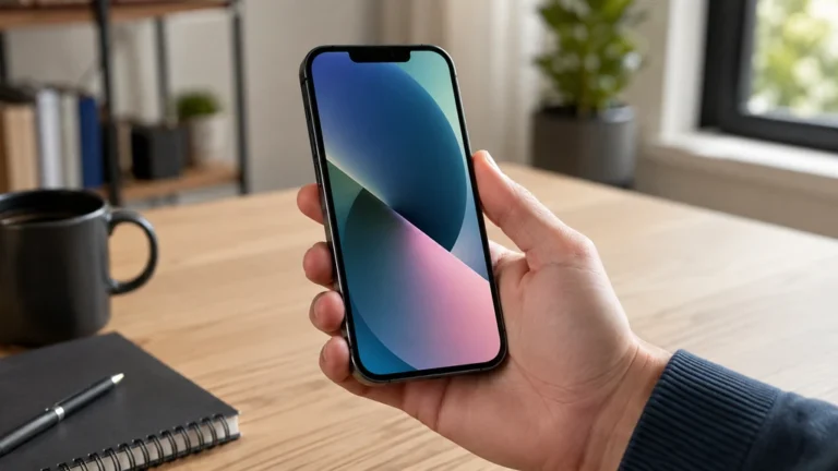 Personne tenant un iPhone 13 à une main pour illustrer ses dimensions et son format compact