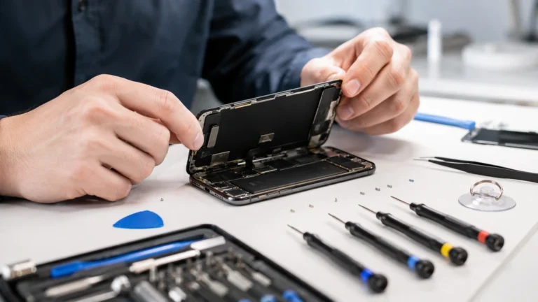 Technicien remplaçant l’écran d’un iPhone X ouvert sur un établi avec des outils de précision
