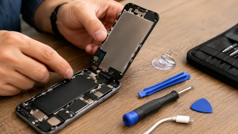 Technicien remplaçant l’écran d’un iPhone 7 Plus avec des outils de réparation adaptés.