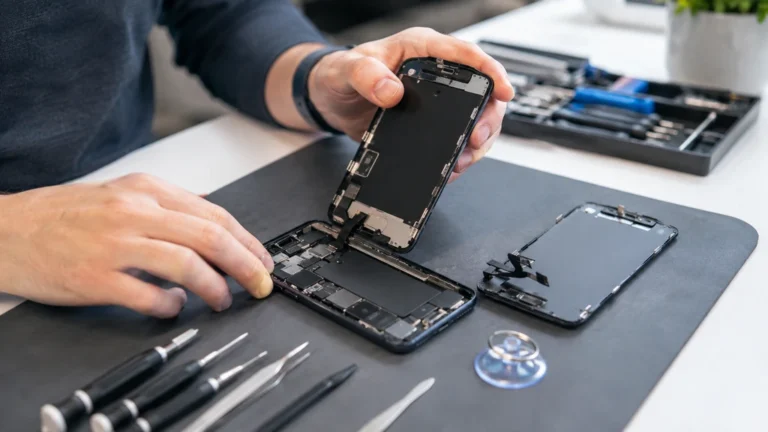 Remplacement de l’écran d’un iPhone XR avec démontage du smartphone et outils de réparation