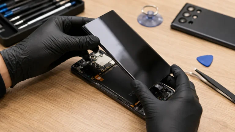 Technicien remplaçant l’écran d’un Samsung Galaxy S22 Ultra sur un établi