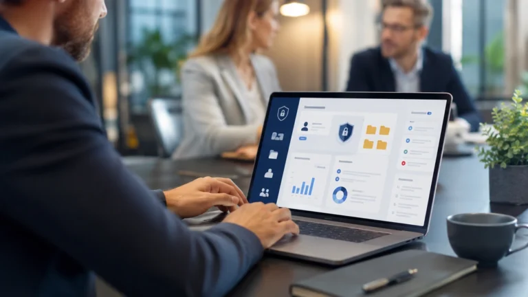 Professionnel utilisant un extranet sécurisé sur ordinateur pour partager des documents avec des partenaires