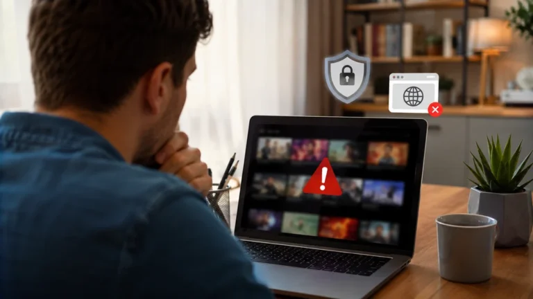 Utilisateur confronté à une alerte de sécurité sur un site de streaming affiché sur un ordinateur portable