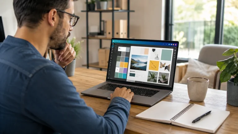Apprenant suivant une formation Canva Power à distance sur son ordinateur dans un bureau lumineux.