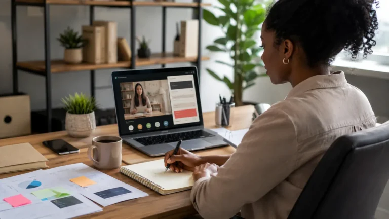 Entrepreneuse suivant une formation en ligne sur la création d’entreprise depuis son bureau à domicile.