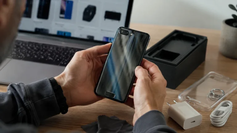 Utilisateur examinant un Honor 10 reconditionné avec ses accessoires sur un bureau