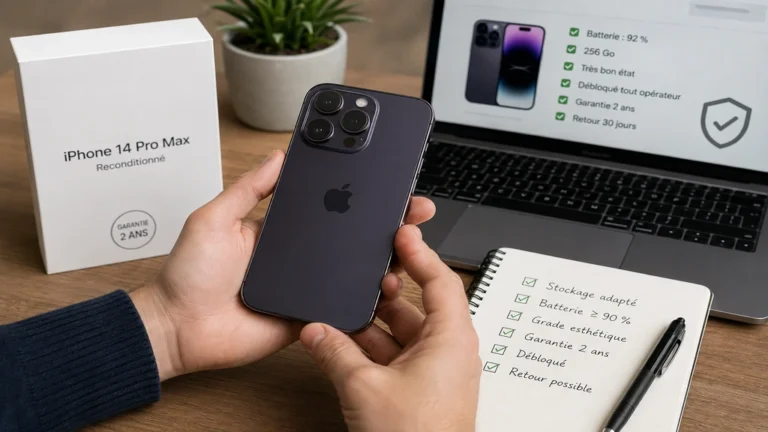 iPhone 14 Pro Max reconditionné inspecté avant achat avec vérification de la batterie, du stockage et de la garantie