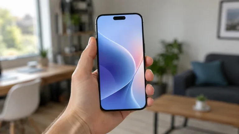Personne tenant un iPhone 16 à une main dans un intérieur moderne pour illustrer un avis sur le smartphone