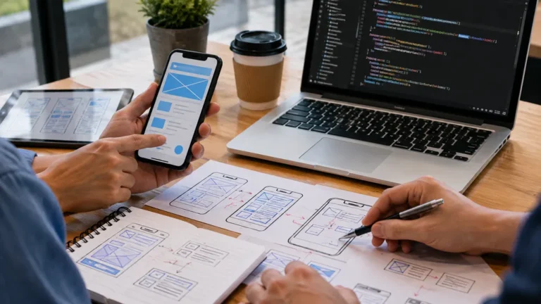 Équipe concevant une application mobile à partir de maquettes UX UI, avec smartphone, tablette et ordinateur portable.