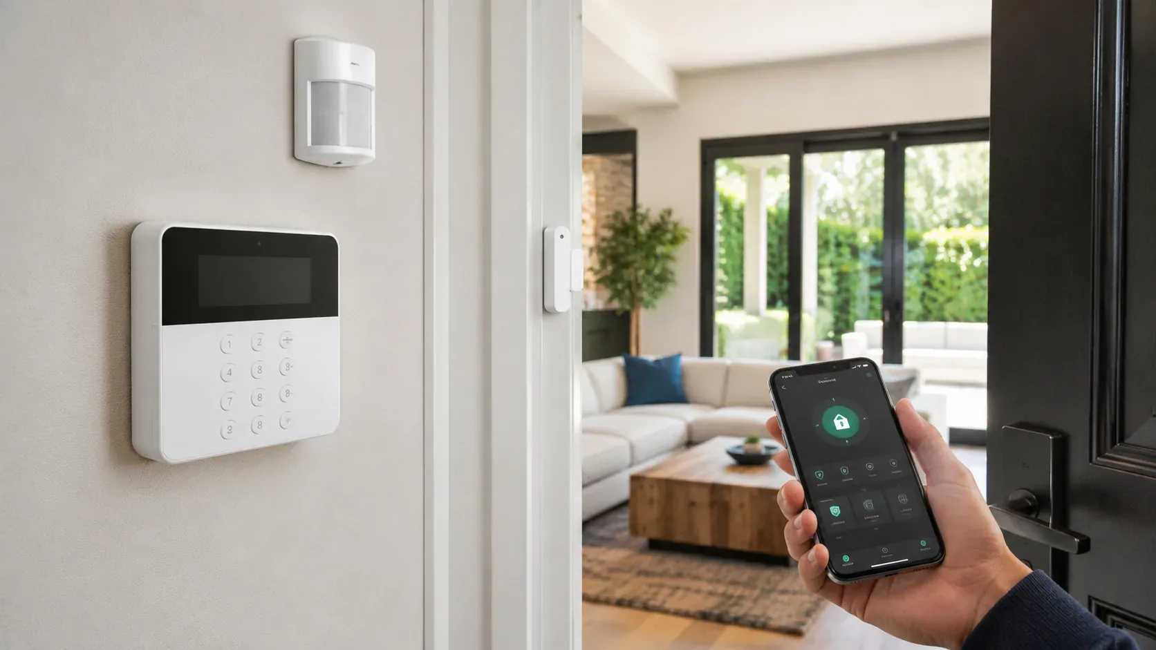 Système d’alarme maison sans abonnement avec centrale, détecteur de mouvement et contrôle depuis un smartphone.
