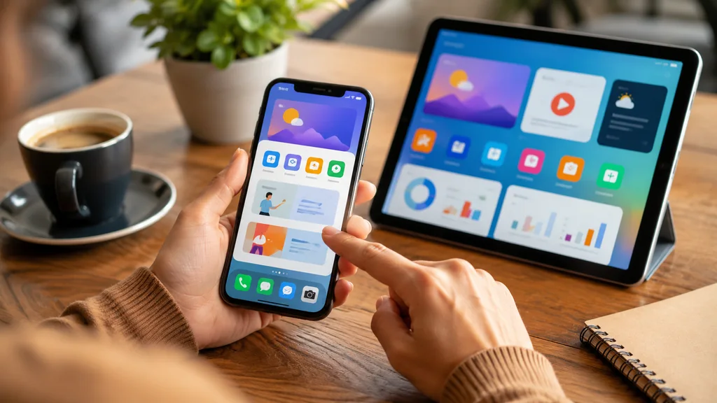 Utilisateur naviguant sur une application mobile depuis un smartphone avec une tablette en arrière-plan