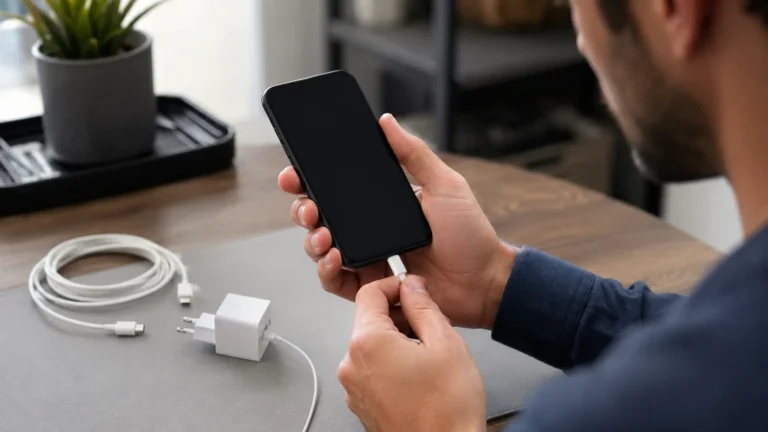 Utilisateur testant un câble et un chargeur sur un iPhone qui ne charge plus