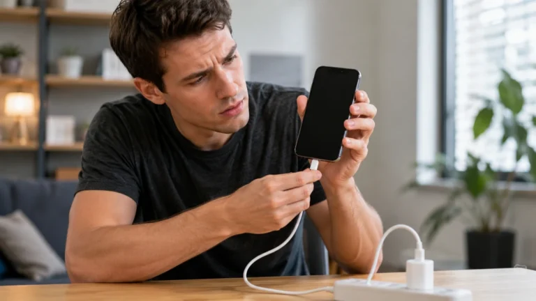 Utilisateur essayant de recharger un iPhone qui ne s’allume plus et dont l’écran reste noir