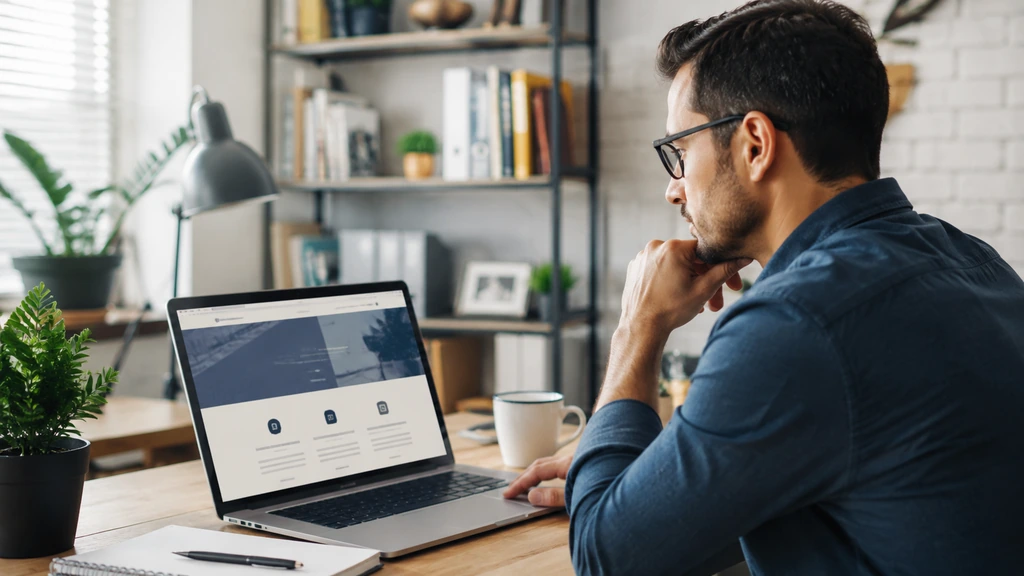 Entrepreneur consultant un site professionnel sur son ordinateur portable dans un espace de travail moderne