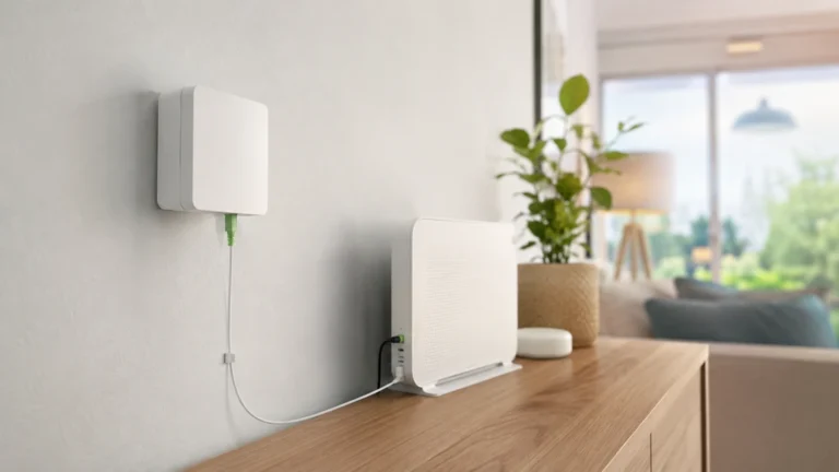 Prise fibre optique murale reliée à une box internet dans un salon moderne