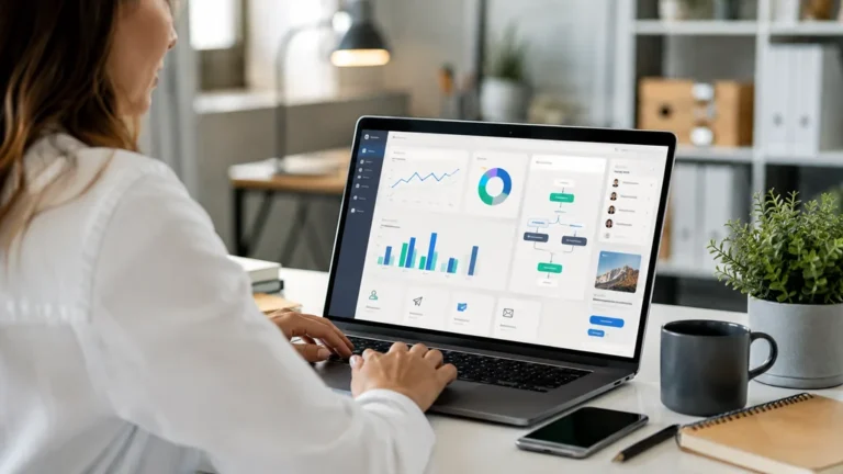 Professionnelle consultant le tableau de bord d’un logiciel emailing et ses statistiques marketing.