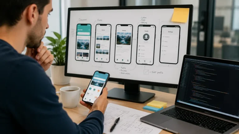 Professionnel préparant la refonte d’un site internet avec maquettes, code et aperçu mobile dans un bureau moderne.
