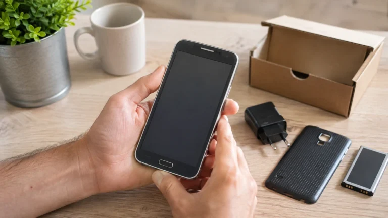 Samsung Galaxy S5 ancien modèle présenté avec sa batterie amovible, son chargeur et sa coque arrière