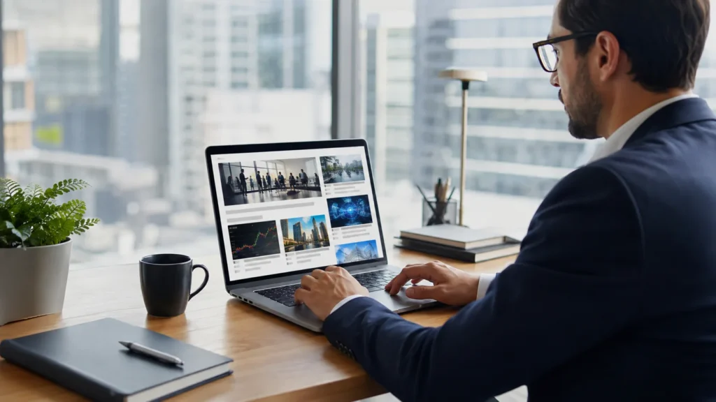 Professionnel consultant le site officiel Wikio.com sur un ordinateur portable dans un bureau moderne.