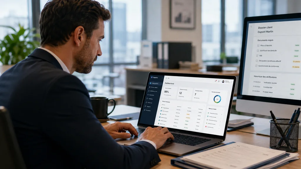 Courtier utilisant une plateforme de conformité et de gestion documentaire dans un bureau moderne