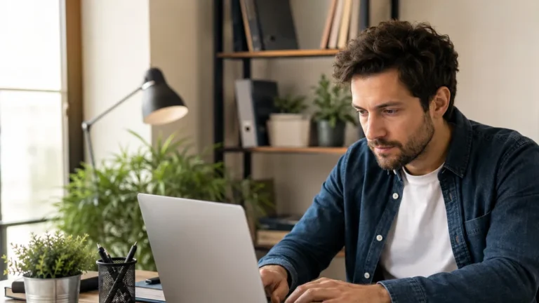 Homme consultant un magazine en ligne généraliste depuis son ordinateur dans un bureau lumineux.