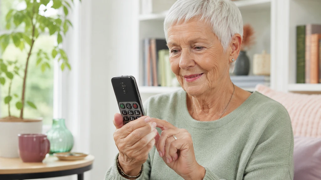Senior utilisant un téléphone Doro à grosses touches dans un salon lumineux