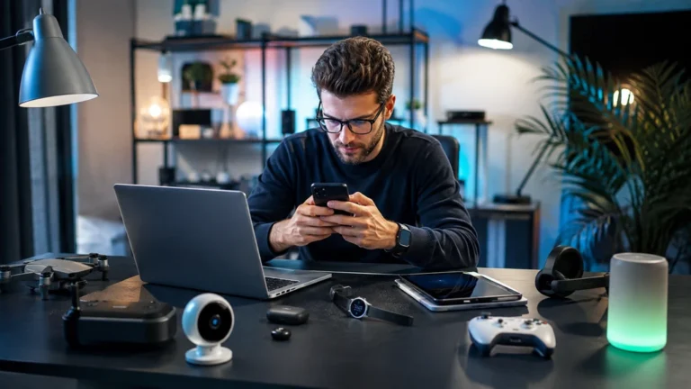 Journaliste high-tech consultant un smartphone devant un ordinateur portable entouré de gadgets connectés